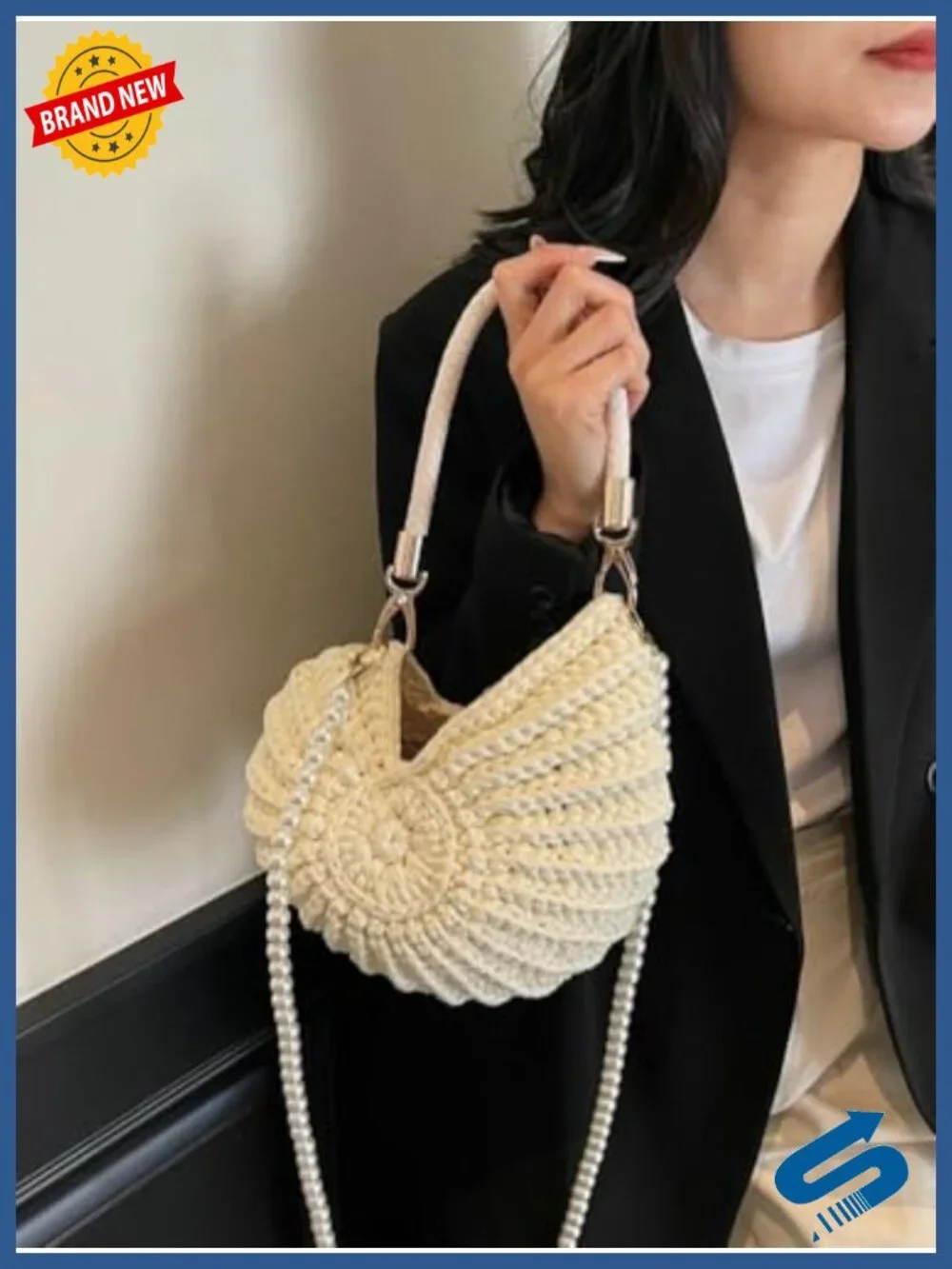 Hand-Crocheted Snail Shell Woven Tote Bag with Pearl Chain Shoulder Handbag